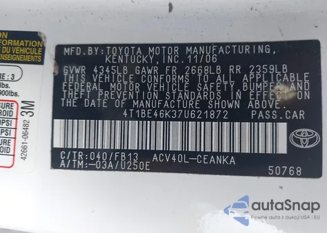 2007 Toyota Camry Le from USA, damaged, VIN 4T1BE46K37U621872
